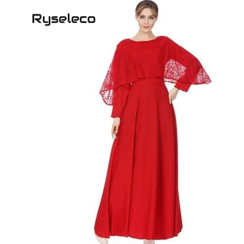 Ryseleco Dubai New Loose Women Casual Long Dresses Floral Lace Patchwork Shawl Full Long Inder Folk Muslim Islamic Maxi Vestidos