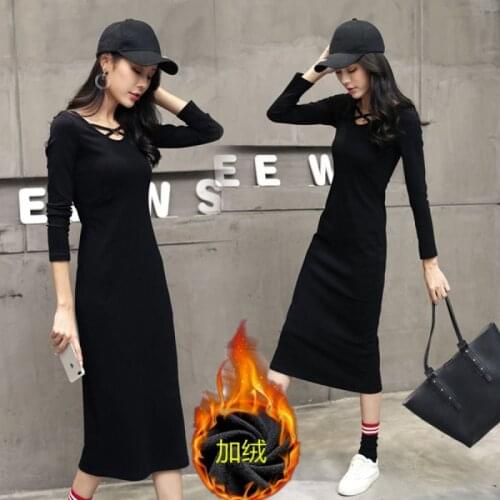 Plush dress large womens autumn winter long sleeve crew neck solid color slim fit, Hip Wrap Sweater bottoming skirt