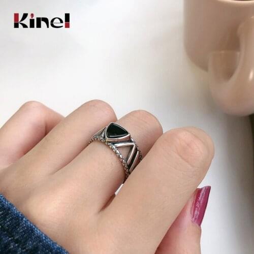 Kinel Geometric Triangle Black Agate Vintage Ring 925 Sterling Silver Rings for Women Open Rings Silver 925 Jewelry Fine Jewelry
