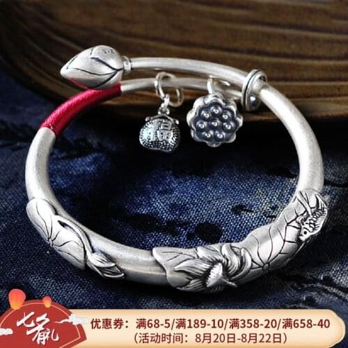Sterling silver 999 foot silver national style fashion exaggerated retro lotus Chinese style inheritance silver bracelet