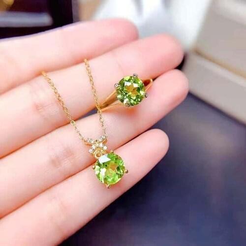 Natural Olivine/Topaz S925 Sterling Silver Ring Pendant Necklace Set Fine Fashion Weddings Jewelry for Women MeibaPJFS