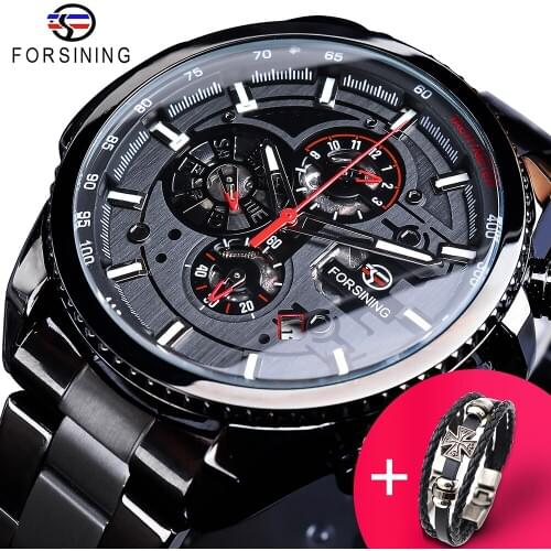Forsining Watch + Bracelet Set Combination 3 Dials Calendar Black Stainless Steel Mens Automatic Wrist Watches Sport Male Clock