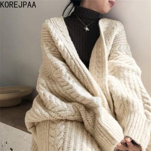 Korejpaa Women Cardigan 2021 Autumn Korea Temperament Ladies Retro Loose Linen Pattern Long-Sleeved Mid-Length Thick Knit Coat