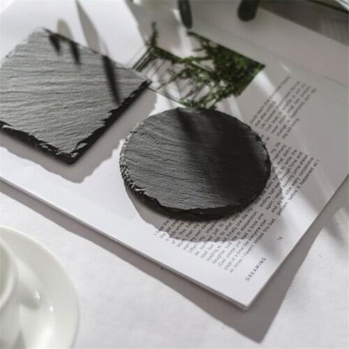Cake Dessert Bar Kitchen plates Slate Stone Coasters Round Black Natural Edge Stone Drink Coaster Pad Serving Plate