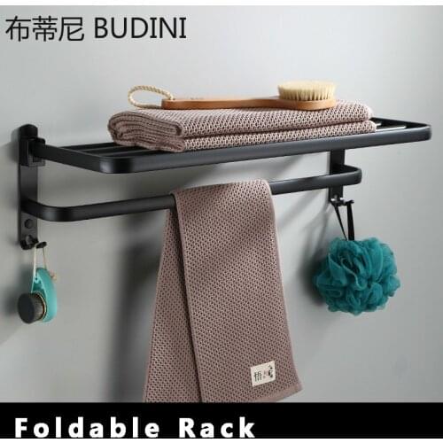 Matte Black Bathroom Towel Rack Foldable Towel Rail Aluminum Movable Bath Towel Holder Folding Bath Shelves Room Storage Shelf