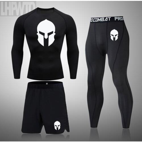 Mens Spartan Tracksuit Sports Suit Gym Fitness Compression Clothes 3-Pce Set Running Jogging Sport Wear Basketball Tights