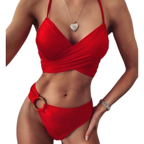 New Summer 2021 Women Split High Waist Bikini Biquini Two Piece Set Bathing Suit Red Swimwear