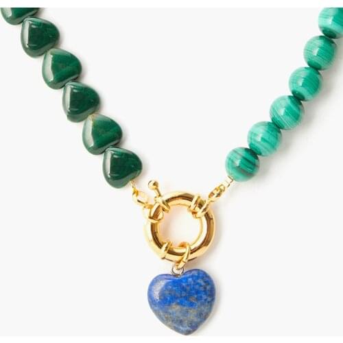 New jewellery TIMELESS PEARLY green Malachite lapis beads natural stone heart pendant necklace spring clasp necklaces for women