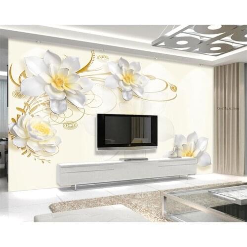 Beibehang 3 d custom wallpaper home decoration wallpaper white flowers anaglyph image luxurious sitting room wallpaper pictures