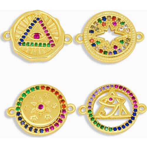 OCESRIO 18K Gold Plated Brass CZ Rainbow Bracelet Charms for Jewelry Making Bulk Evil Eye Connector Charms Double Hole chma040