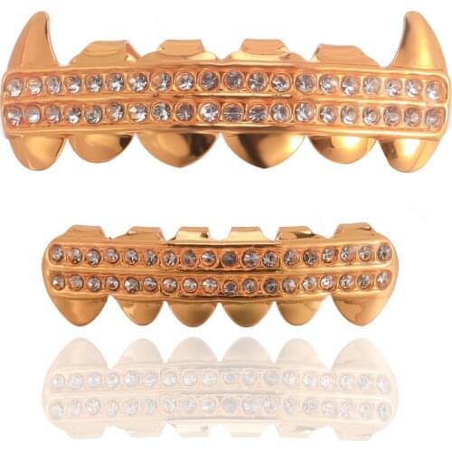 Gold Color Plated Micro Pave Crystal HIP HOP Teeth Grillz Top and Bottom Grill Set With silicone Vampire teeth Best Gift