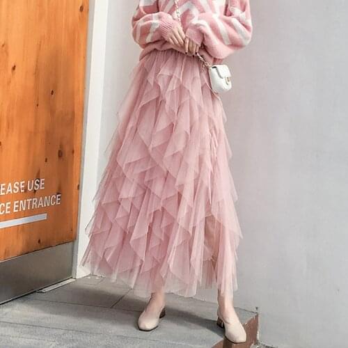TingYiLi Layered Ruffle Tulle Skirt Autumn Winter Princess Cute Ball Gown Long Skirt Black Gray Beige Green Pink Womens Skirt