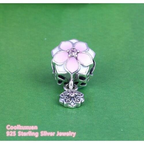 Spring Enamel Magnolia Bloom Duo Hanging Charm Original 925 Sterling Silver CZ Flower Dangle Beads Fit Pandora Bracelets