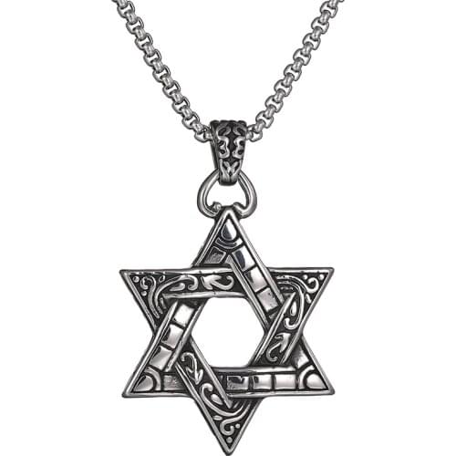 Punk Hip Hop Vintage Israel Judaica Hebrew Stainless Steel Necklace Star of David Pendants Chain Necklace Jewelry for Men