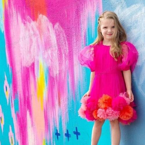 Hot Pink Flower Pageant Dresses For Wedding Pleated Kids Tulle Dress with Ball-Flower First Communion Dresses For Girls