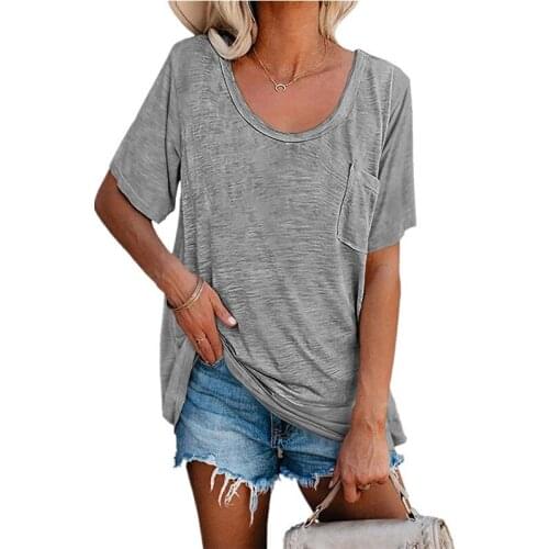 Large Size 2021 Summer European And American Womens New Pocket Loose Casual Short Sleeve T-Shirt Long Version Of Womens Blouse