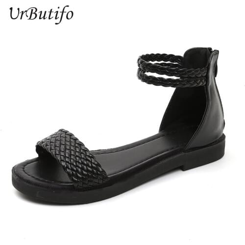 Urbutifo Fashion Rome Ankle Strap Flat Sandals For Women Summer Leather Hollow Ladies Shoes Solid Black Sandals Chaussures Femme