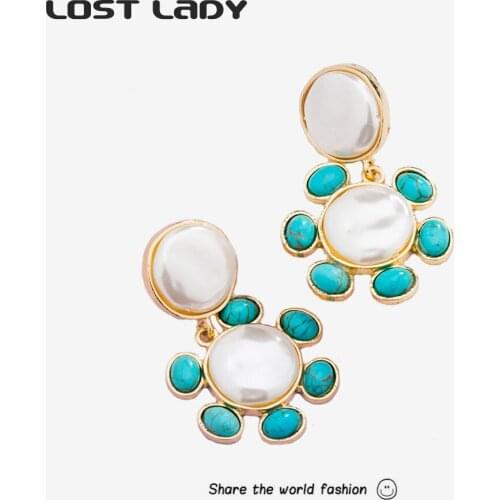 Lost Lady Turquoises Stone Circle Dangle Earrings Bohemian Pave Beaded Handmade Earring for Women Party Jewelry Accessories