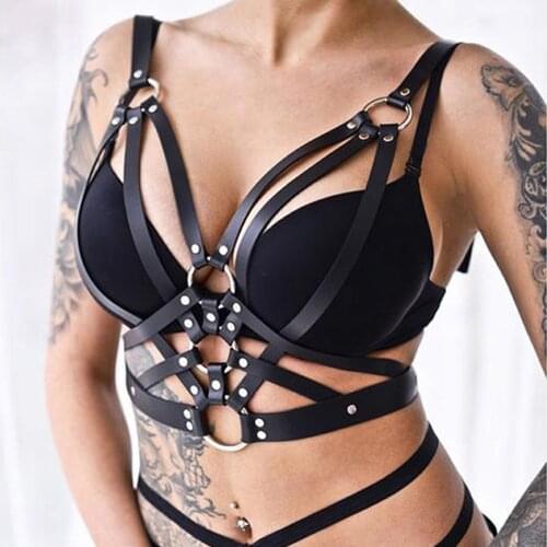 Goth Women Leather Body Harness Bra Top Chest BDSM Bondage Waist Belt Gothic Punk Fashion Girl Festival Erotic Accessories