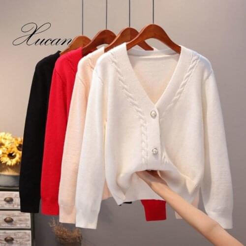 Sweater Cardigan Women Autumn Winter New V Neck Pearl Single Breasted Loose Short Thicken Sweater Sweet Long Sleeve Knitting Top
