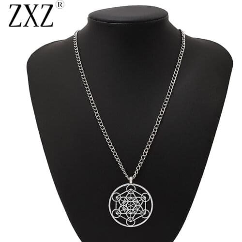 ZXZ Large Round Archangel Metatron Cubes Pendant on Long Chain Necklace Lagenlook 34"