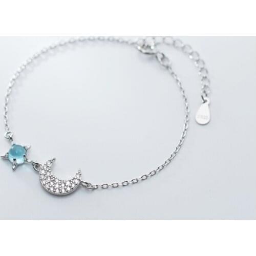 100% Real. 925 Sterling Silver Jewelry Blue coloured glaze &Star Moon Dipper cz set Chain Bracelet Wrist Charms C-S3464