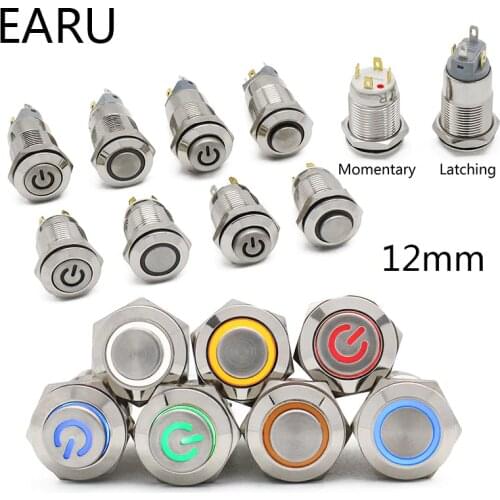 12mm Flat High Head Waterproof Metal Push Button Switch LED Light Momentary Latching Car Engine Computer PC Power Switch 3-380V