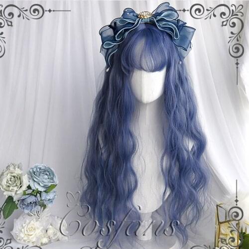 2021Gray Purple Blue Lolita Wig Harajuku Fairy Cosplay Bangs Curly 65cm Long Sweet Fringe Adult Girls Synthetic Hair Accessories