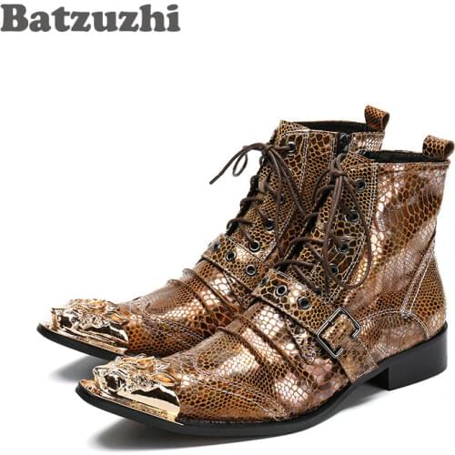 Batzuzhi New Arrival Mens Ankle Boots Golden Snake Pattern Leather Short Boots Men with Golden Toe Motocycle Boots botas hombre