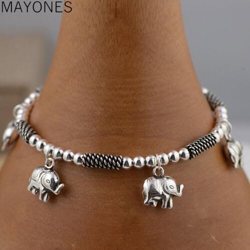Real 925 Silver Elephant Charm Bracelet 19cm Chain Vintage 100% Original S925 Thai Silver Bracelets for Women Jewelry
