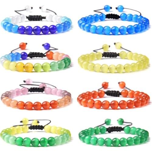 Fashion Cat Eye Stone Bracelet Women 8mm Smooth Pink Blue Opal Beads Bracelet Adjustable for Women Men Handmade Jewelry Gifts