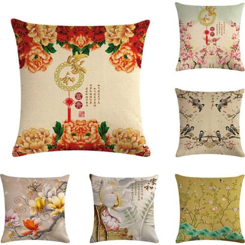 Chinese Letter FU Cushion Case Glory Floral Background Pillow Cover Outdoor Cotton Linen Home Decorating Lumbar Pillow ZY496