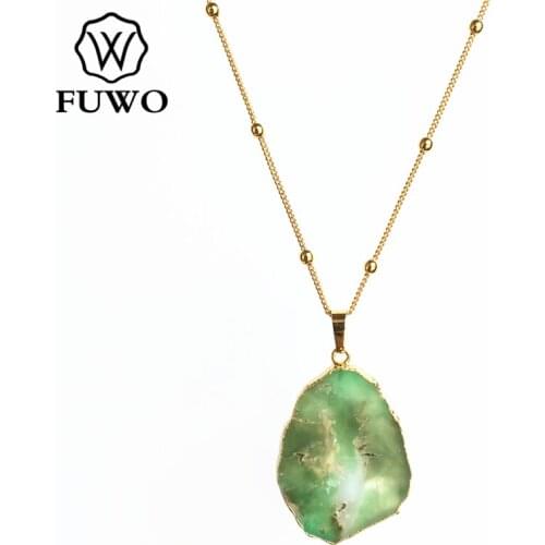 FUWO Natural Chrysoprase Free Shape Pendants Charm Necklace with Gold Trimmed Beads Brass Chain For Women NC251