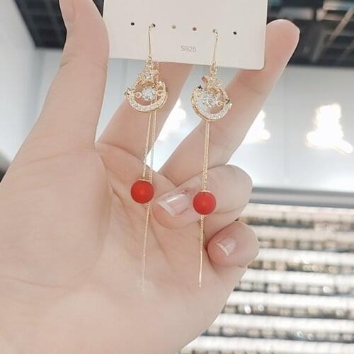 Korean Earrings Fashion Jewelry Red Crystal Star And Moon Simulation Pearl Long Ear Line Stud Earrings For Women Wholesale