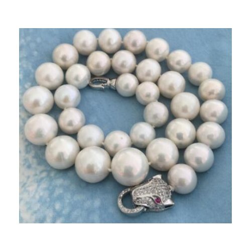 Beautiful huge 18" 15-12MM SOUTH SEA NATURAL White PEARL NECKLACE Leopard head CLASP