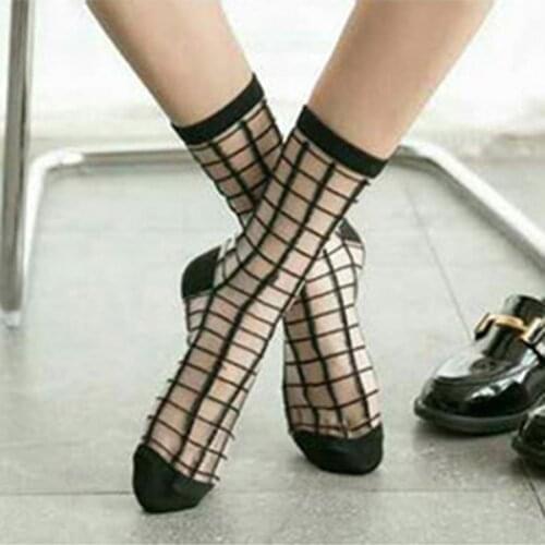 Cool Transparent Socks for Women Casual Plaid Pattern Elastic Crew Sock Summer Thin Breathable Black Style