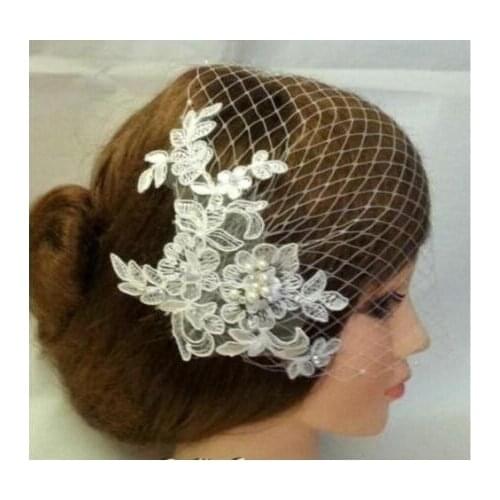 Lace beaded birdcage veil fascinator Diamante Pearls Blusher Bridal vail & comb