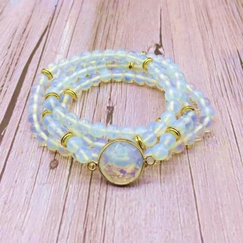 Fashion Women Bangle Stone Beads Bracelet Elastic Mala Necklace White Opal Gold Color 6 mm Bead For Her Gift