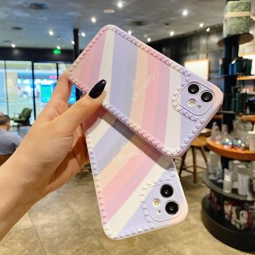 Loving Heart frame Rainbow Phone Case For iPhone 12 11 Pro Mini X XS Max XR 8 7 6 Plus SE 2 Camera protection Square Soft Cover