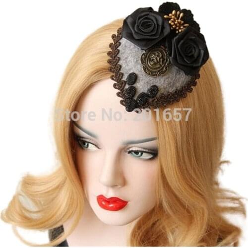 NEW Wholesale fashion velvet lace rose flower top vintage hat fascinator burlesque clips party church bridal hairclips-1