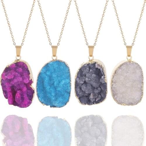 Natural Druze Quartz Pendant Necklace for women Dyed Natural Reiki Healing Crystal Jewelry
