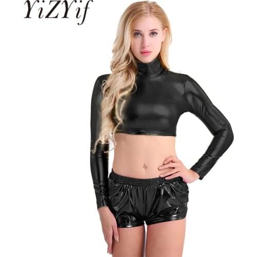 Shiny Patent Leather Sexy Crop Tops Long Sleeve Slim T Shirt Women Turtleneck Clothing Night Rave Party Costumes Tops Clubwear
