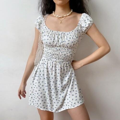 French Retro Idyllic Fresh Floral One Line Neckline Stretch Wrap Chest Short Sleeve Dress