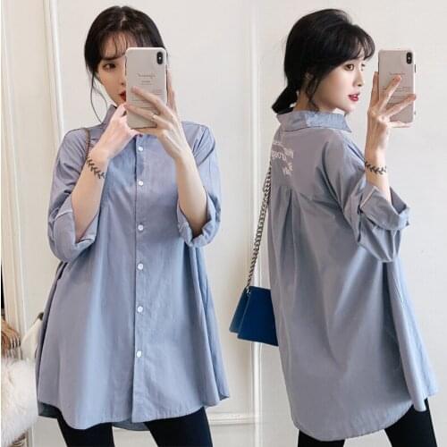 Striped Spring Korean Cotton Maternity Blouse Shirts Long Loose Slim Shirt Clothes for Pregnant Women Pregnancy Casual Tops 3XL