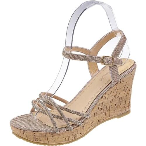 Rhinestone Wedge Sandals for Women Summer Bohemian Open Toe Platform Beach Sandals Women Roman Style Buckle High Heels Shoes