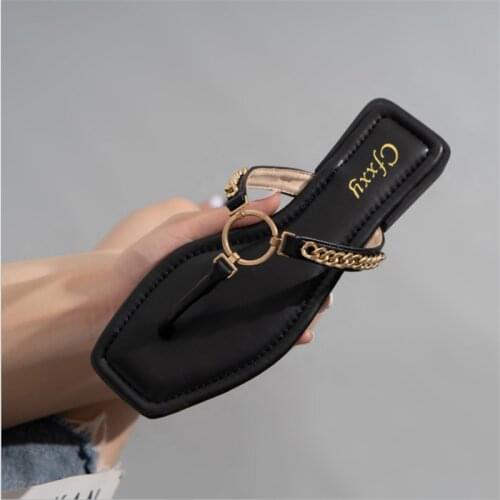 2021 Summer Woman Slippers Metal Chain Slippers T-shape Strap Casual Fashion Slides Square Toe Flip Flops Beach Vacation Shoes