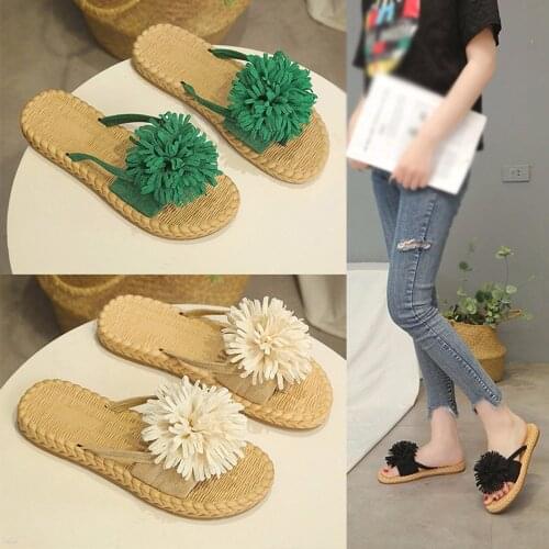 Womens Flip Flops Summer New Flower Fashion Slippers Flat Bottomed Holiday Beach Shoes Linen Comfortable Sole Ladies Sandals