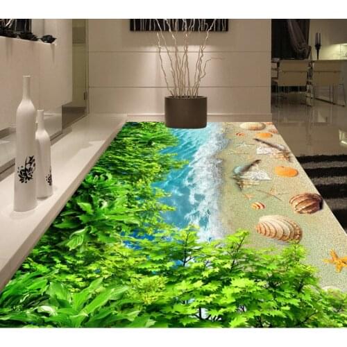 Modern wallpaper floors for living room Green leaf seaside beach 3D floor 3d floor painting wallpaper