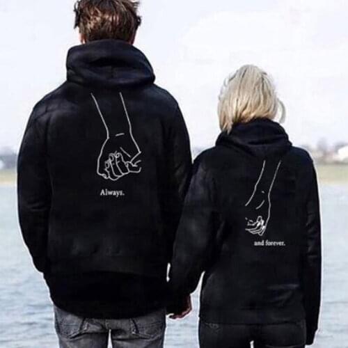 BKLD Men Women Hand In Hand Couple Black Hoodies Sweatshirts Autumn Winter Lovers Always And Forever Letters Printing Pullovers