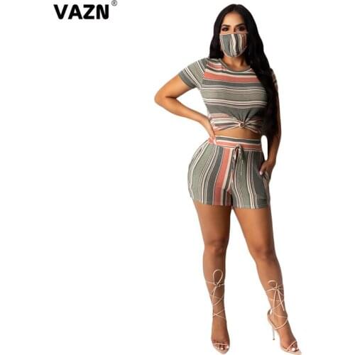 VAZN 2020 Summer Hot Plus Size Striped Sexy Daily Regular Style Short Sleeve Top Short Pants Tracksuits Slim Women 2 Piece Set